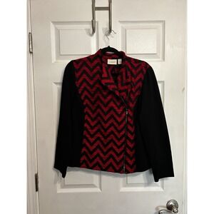 Chicos Womens Size 1 Blazer Woven Chevron Zip Zap Zipper Jacket Black Red Career